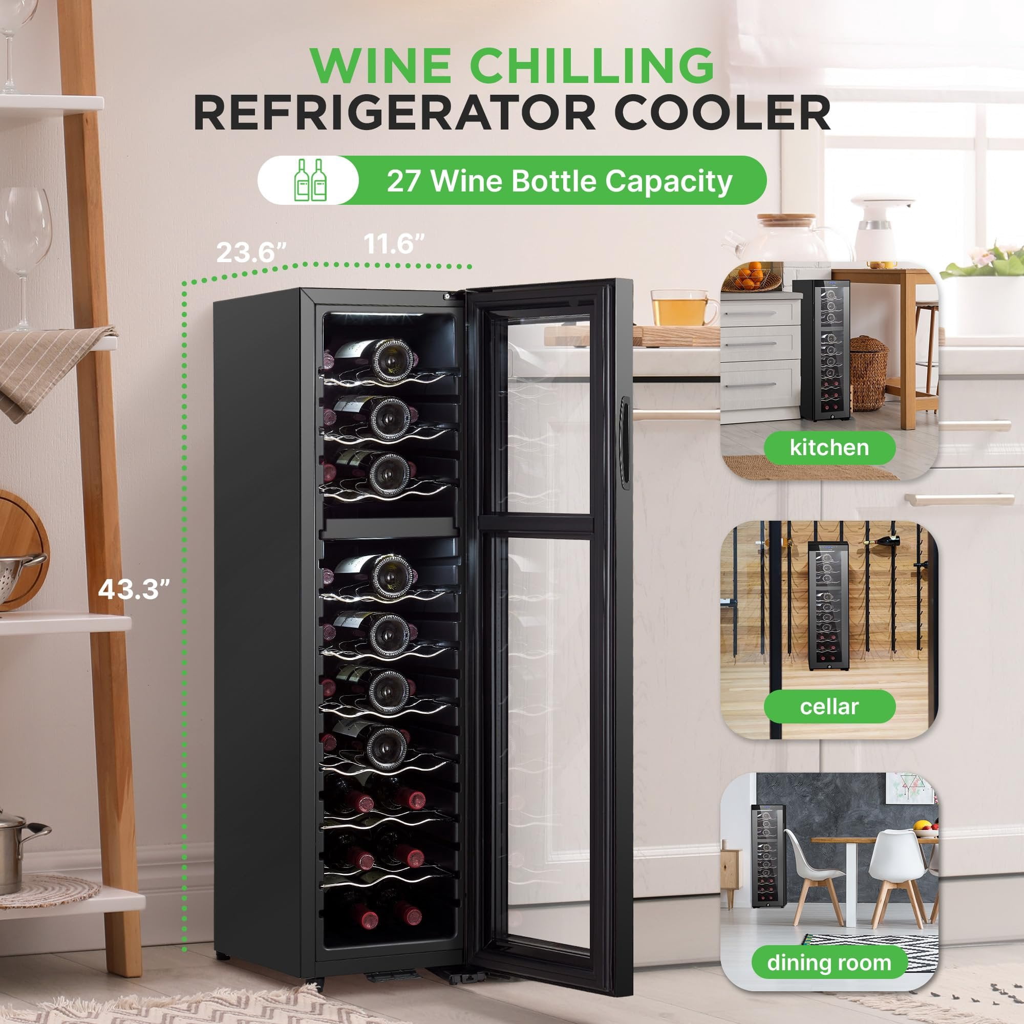 NutriChef PKCWCDS275 Chilling Refrigerator Cellar-Dual-Zone Wine Cooler/Chiller, Digital Touch Button Control with Air Tight Seal, Contains Placement for Standing 27 Bottle Storage Capacity, Black