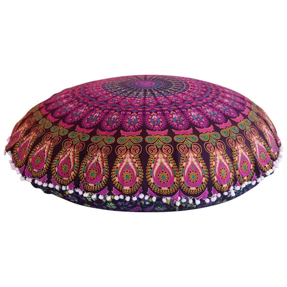 Stylo Culture Ethnic Floor Cushion Cover Round Mandala Floor Pillow Printed Pillow Cover Purple 32x32 Big Decorative Pom Pom Lace Cotton Peacock Feather 1 Pc