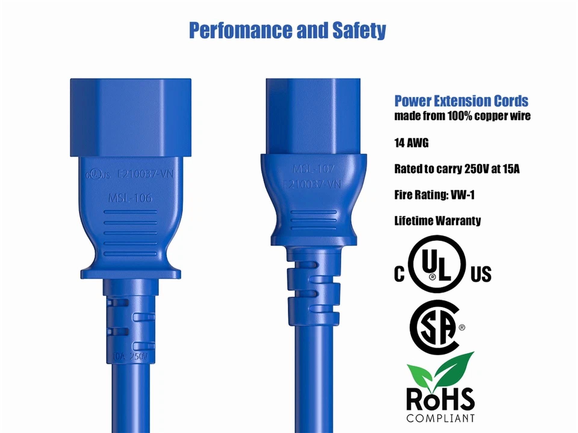 BUTTERFLY- Cable Leader 2Ft C13 To C14 Heavy-Duty Power Extension Cord 14 Awg 15A Blue
