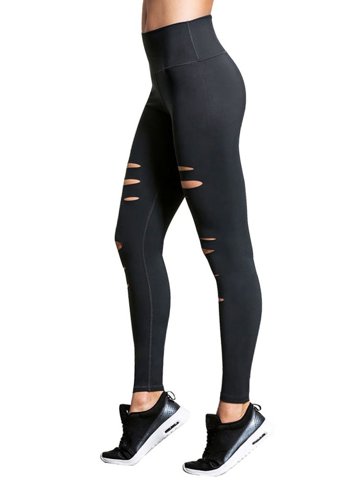 Womens Casual Solid Distressed Ripped Yoga Workout Leggings