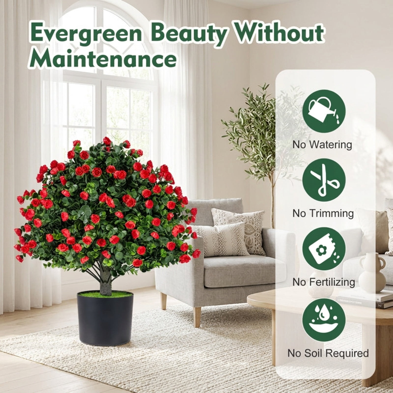 Vebreda Artificial Plant Decor, 2 Pack Artificial Rose Topiary Ball Trees with PP Cement-Filled Flowerpot for Home, Realistic Floral Ball Design