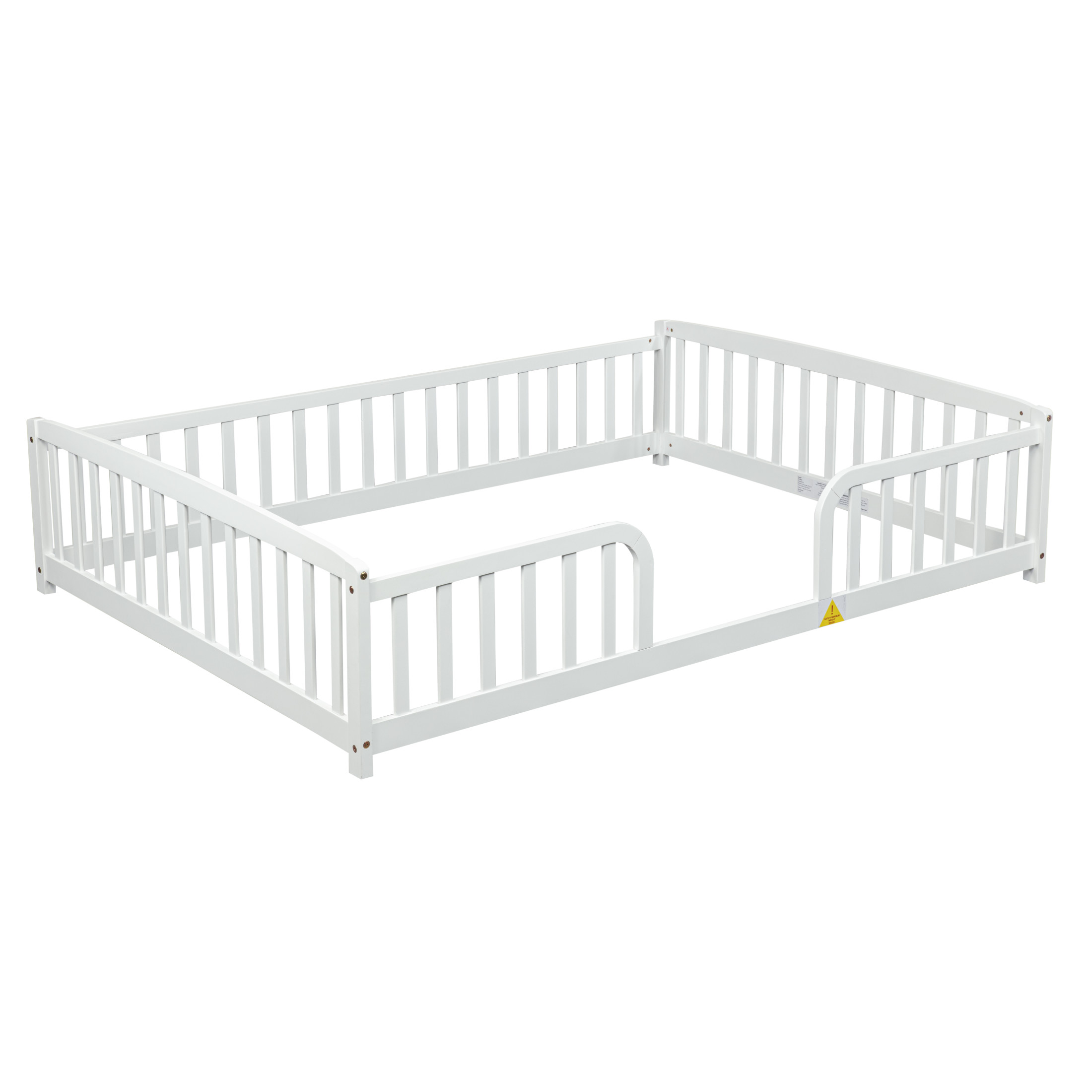 Noble House Norva Full Size Floor Bed with Central Curved Entrance Guardrails, Pine Wood Bed Frame, White