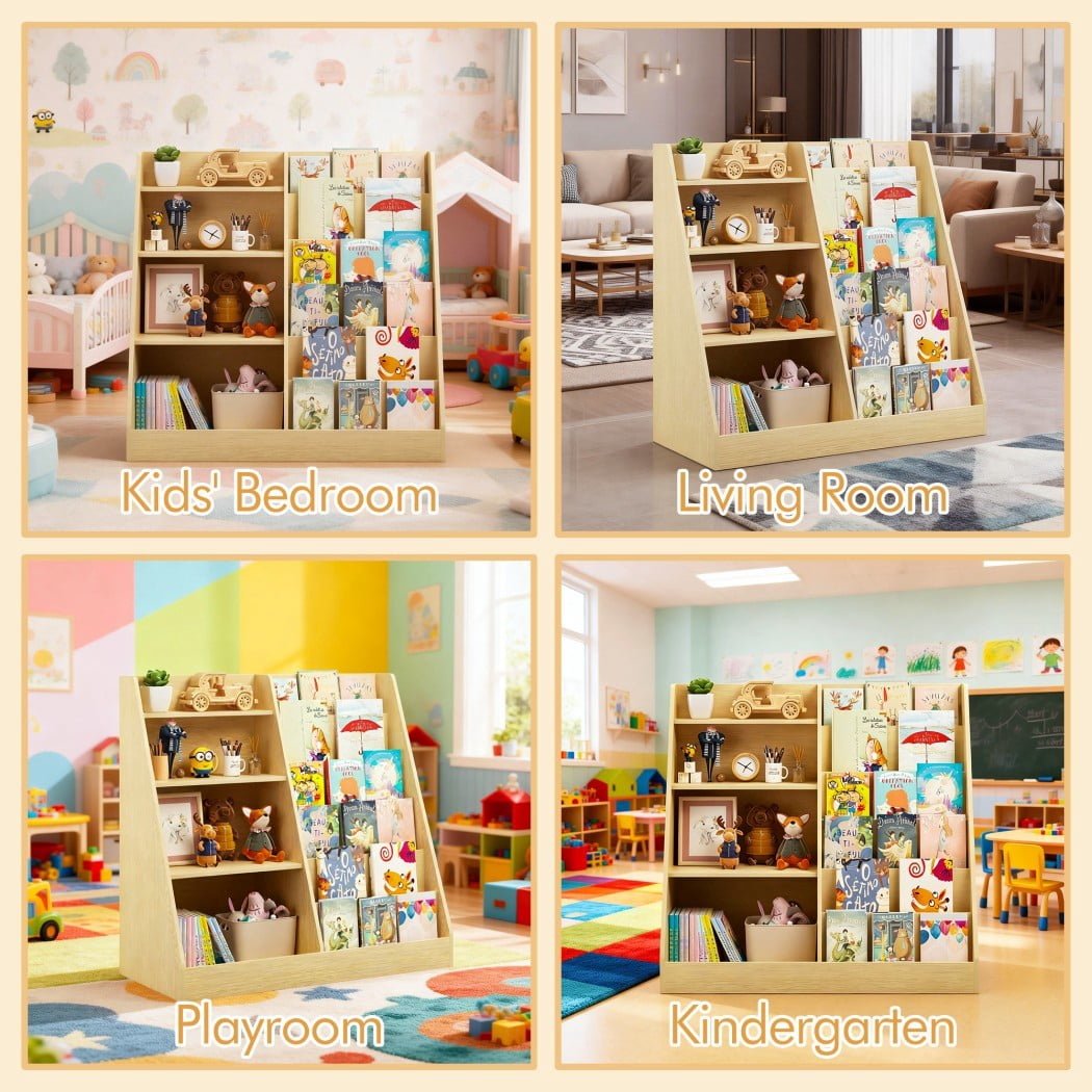 4-Tier Kids Bookshelf and Toy Storage Organizer, Wooden Children's Bookcase with Multi-Level Shelves & Toy Bin, Book Display Stand for Kids Room, Playroom & Nursery, Natural