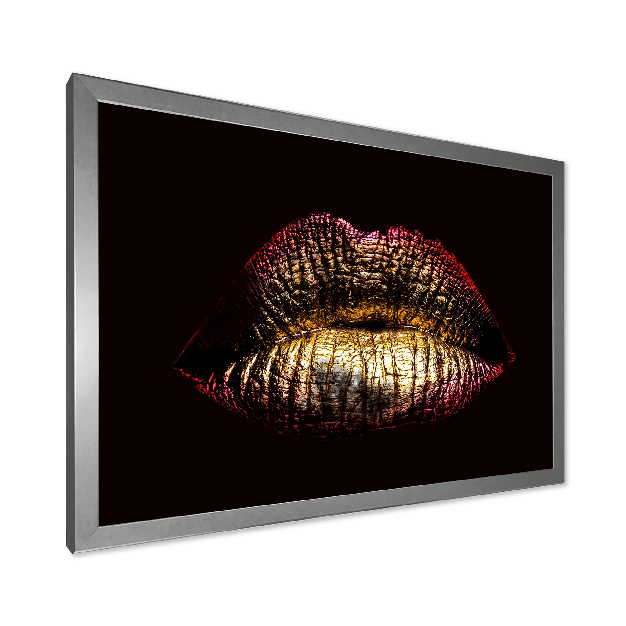 Designart 'Sexy Golden Metallized Woman Lips IV' Modern Framed Art Print