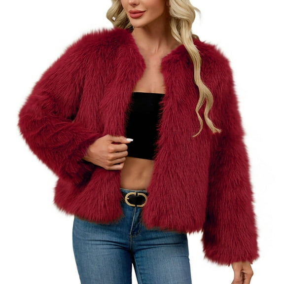 Gpaecead Women's Cropped Teddy Jacket Solid Color Fleece Faux Fur Coat Winter Casual Zip Up Burgundy
