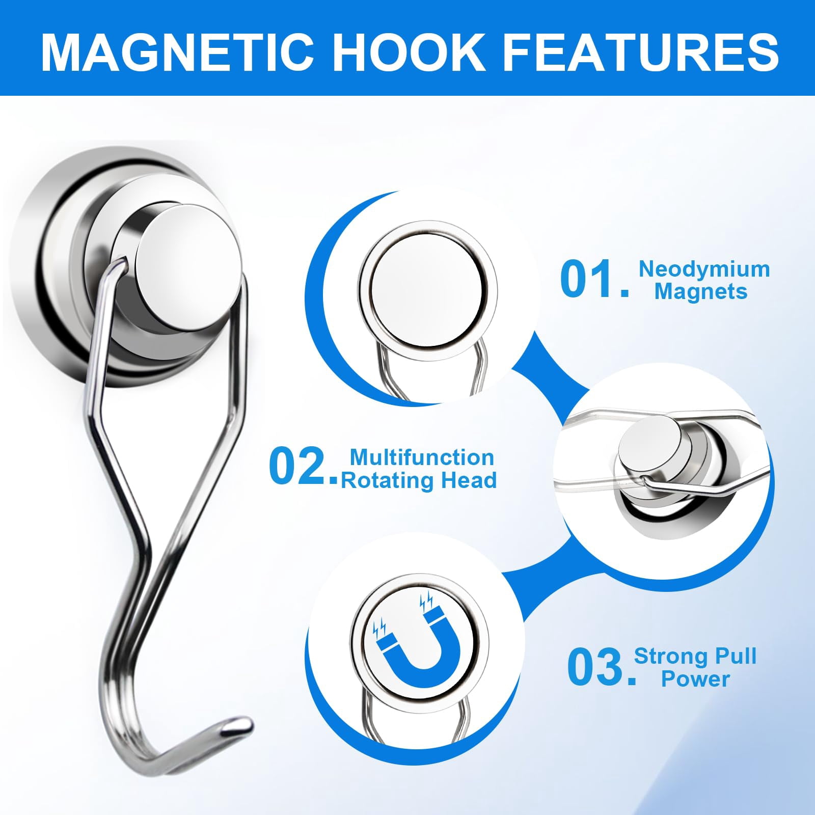 80LB Upgraded Swivel Magnetic Hooks, 2.66In Neodymium Magnets for Refrigerator, Strong Holding for Vertical & Horizontal Surfaces (Silver, 8PC)