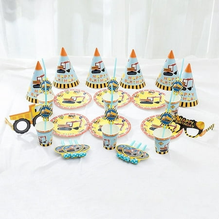 Construction Vehicle Theme Birthday Party Decoration Supplies Disposable Tableware Set Paper Plate Cup Hat Party Supplies for Boys Birthday Baby Shower Party Favor