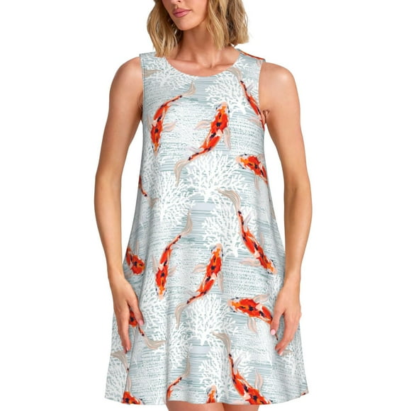 Vsdgher Koi Fish Corals,Spring Summer Print Summer Dresses for Women Casual U Neck Beach Dress Sleeveless Tank Loose Sundress with Pocket