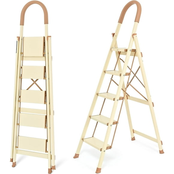 5 Step Ladder, Step Stool Foldable, 330Lbs Bearing Folding Step Stool with Wide Anti-Slip Pedal for Adults,Lightweight Portable Aluminum Stepladder for Home, Closet, Chocolate White