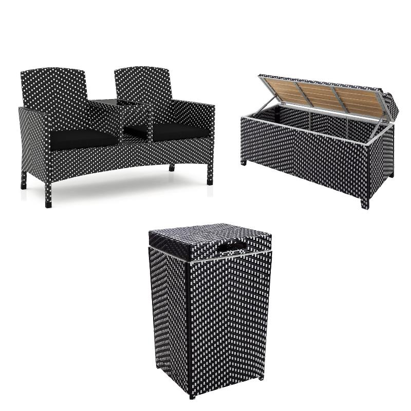 FOA Azur Aluminum/Wicker Outdoor Loveseat + Storage Bench and Trash Can