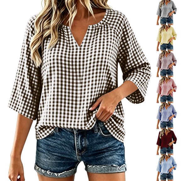 Women's Plus Size Gingham Blouses V Neck 3/4 Sleeve Loose Tunic Shirts Work office Casual Summer Tops Lightweight Everyday Plaid Shirts Yellow