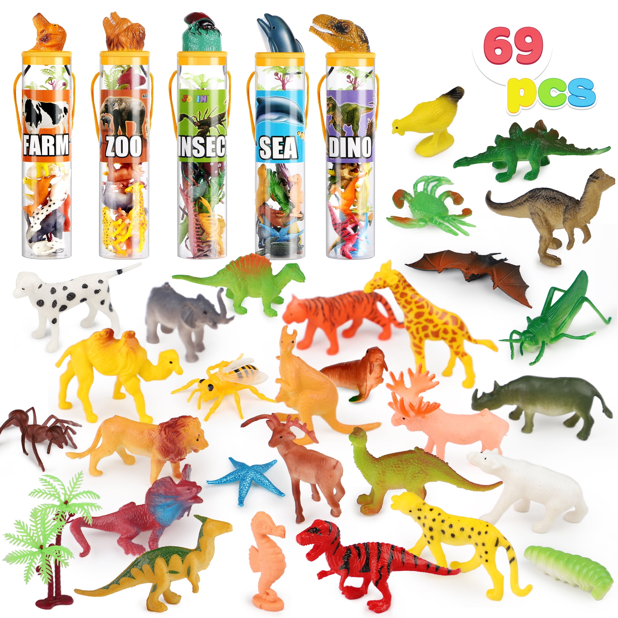 Joyfy 69Pcs Small Animal Figures, Assorted Mini Plastic Animal Toy, Tiny Little Animals for Sensory Bin, Birthday Party Favor for Kids Toddler Aged 3-8