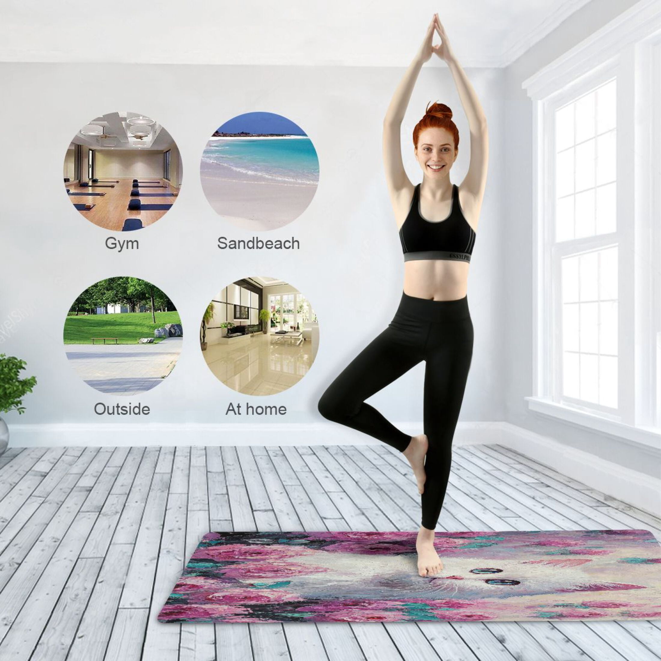 BZSMCE Yoga Mat Women Cat Among Colorful Roses Painting Fitness Mat