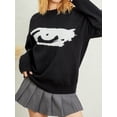 thumbnail image 6 of hirigin Women's Spring Autumn Knitted Sweater Black Long Sleeve Pattern Print Loose Knitwear, 6 of 9