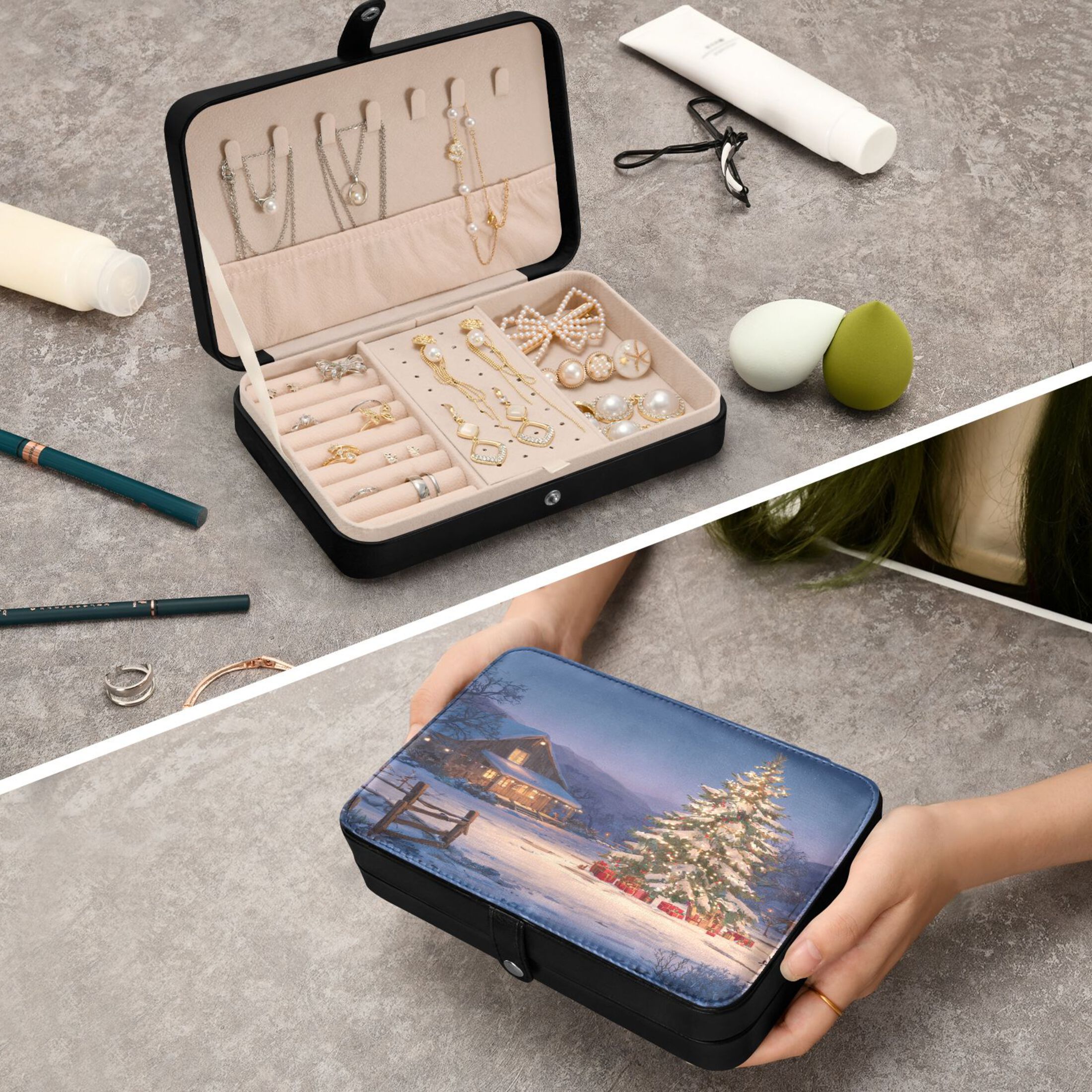 Leather Jewelry Box Rectangular 8.27x5.5x1.78In Travel Jewelry Storage Earrings Necklace Bracelet Watch Brooch Storage Beautiful Christmas Night