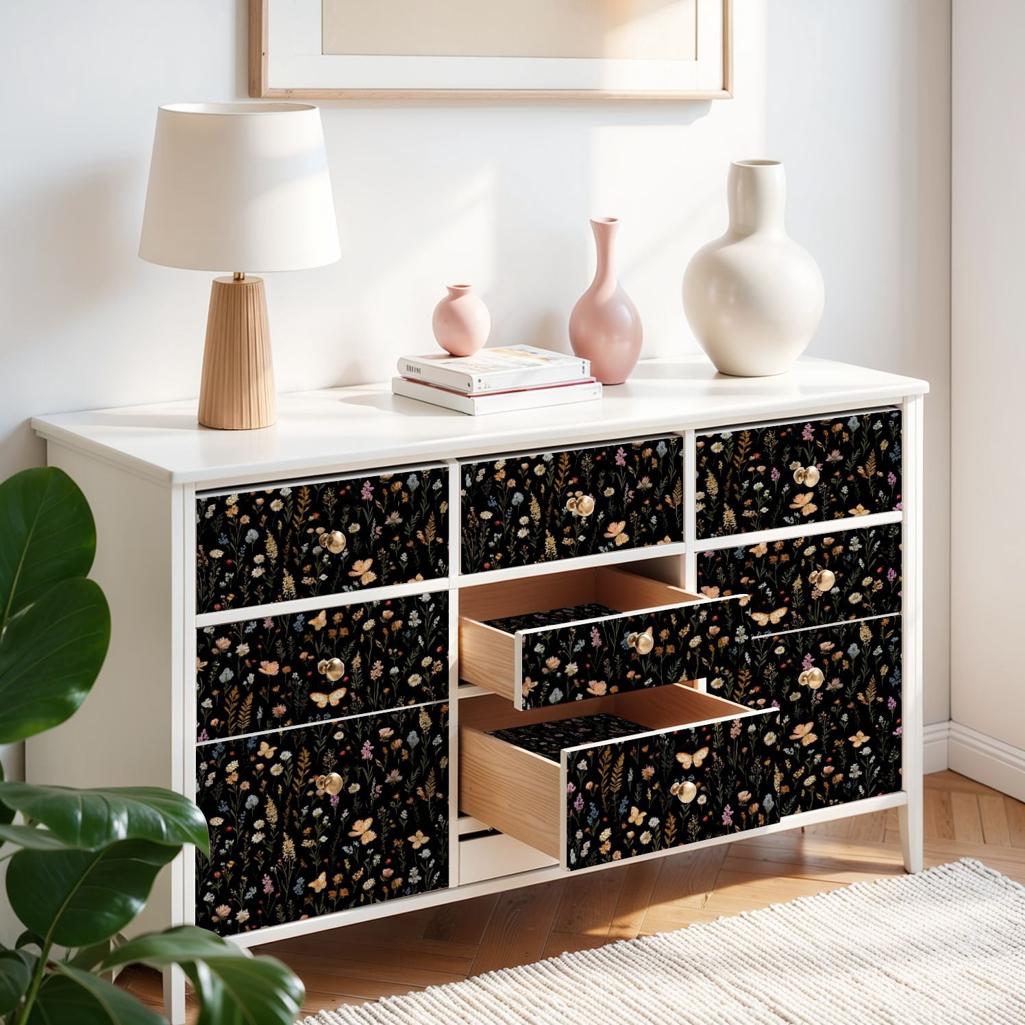 Peel and Stick Wallpaper Floral Wildflower Butterflies Black Vintage Botanical 24in x 118in Contact Paper Removable Self Adhesive Wall Mural Wall Decor for Bedroom Kitchen Cabinets
