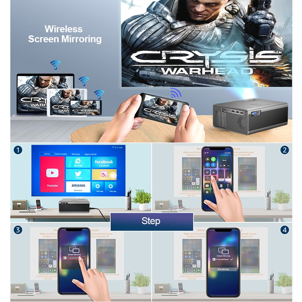 FLZEN M1A WiFi Bluetooth 720p LCD Mini Projector with HDMI Cable, Gray