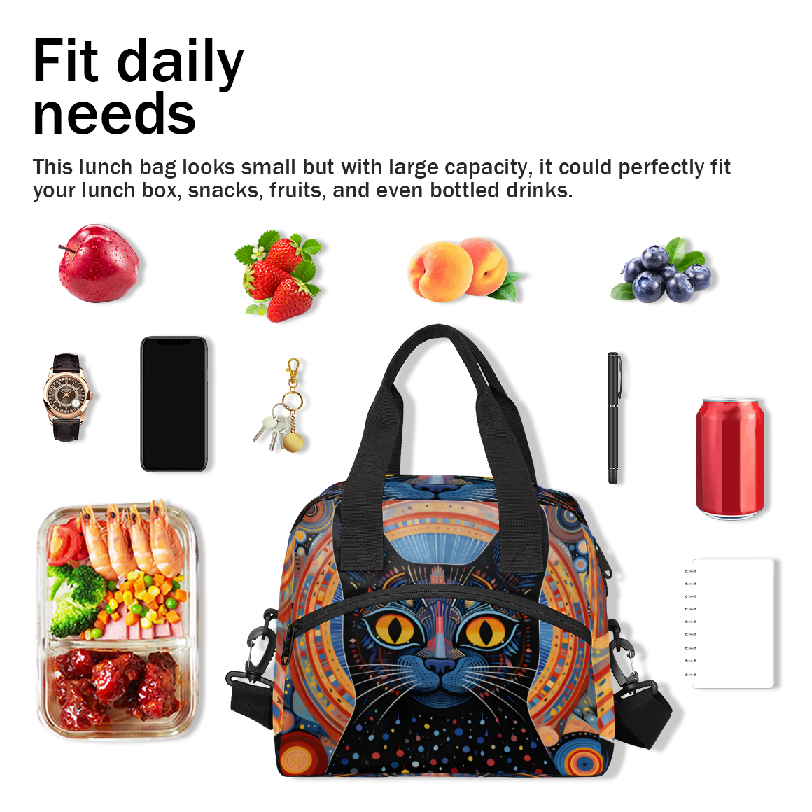 Herdesigns Boho Cat Insulated Lunch Bag for Women Men Adults Large Reusable Lunch Box Ethnic Cat Leakproof Cooler Tote Bags with Adjustable Shoulder Strap