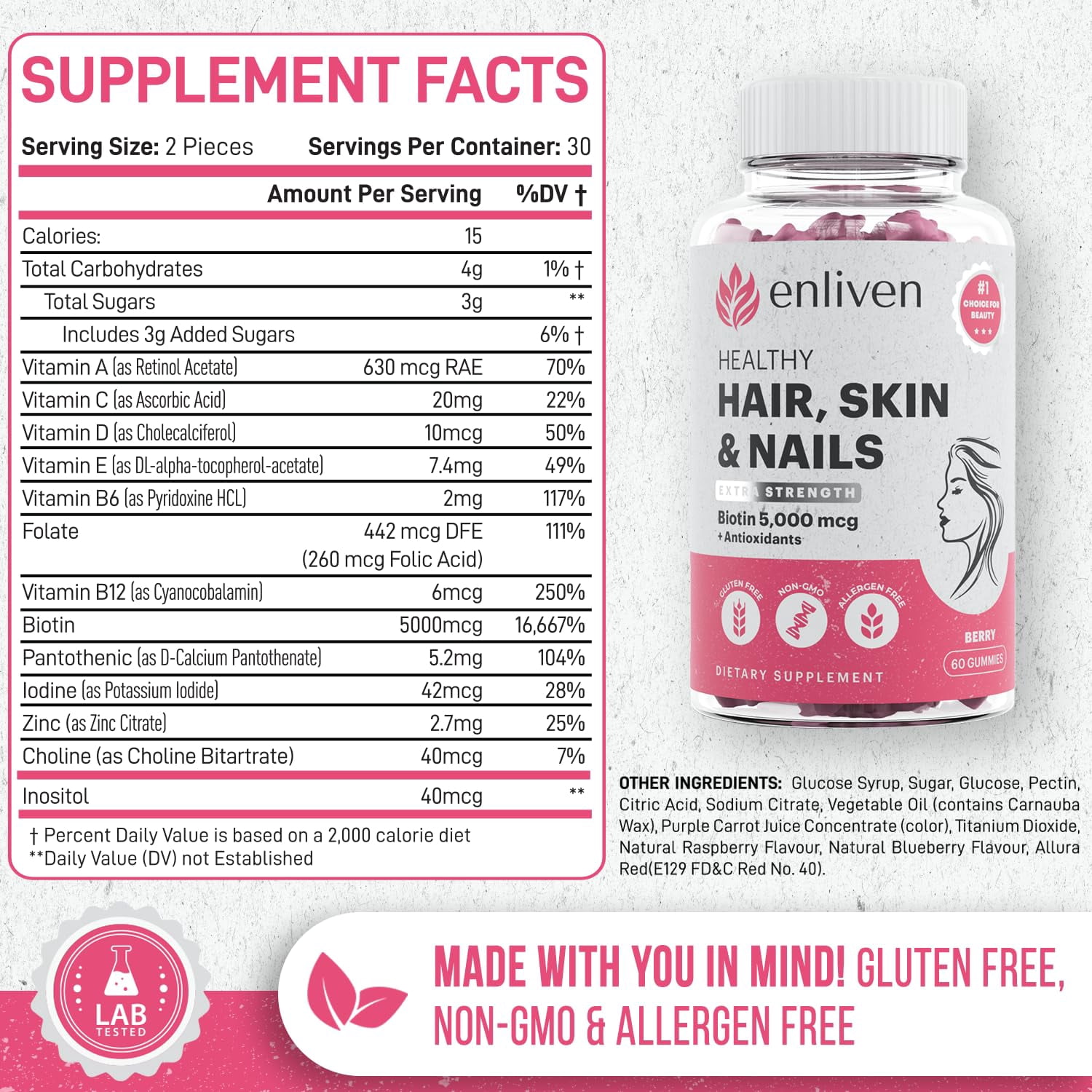 Enliven Biotin Hair Skin and Nail Supplements | Biotin Gummies Vitamins | Berry Flavor (60 Gummies)