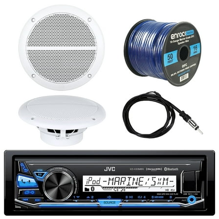 New JVC KD-X33MBS Bluetooth Marine Car Receiver, 2 x Enrock Boat 6.5 Inch Weather Resistant Speakers, Enrock Antenna – 40”, Enrock Audio Marine Grade Spool of 50 Foot 16-Gauge Speaker Wire