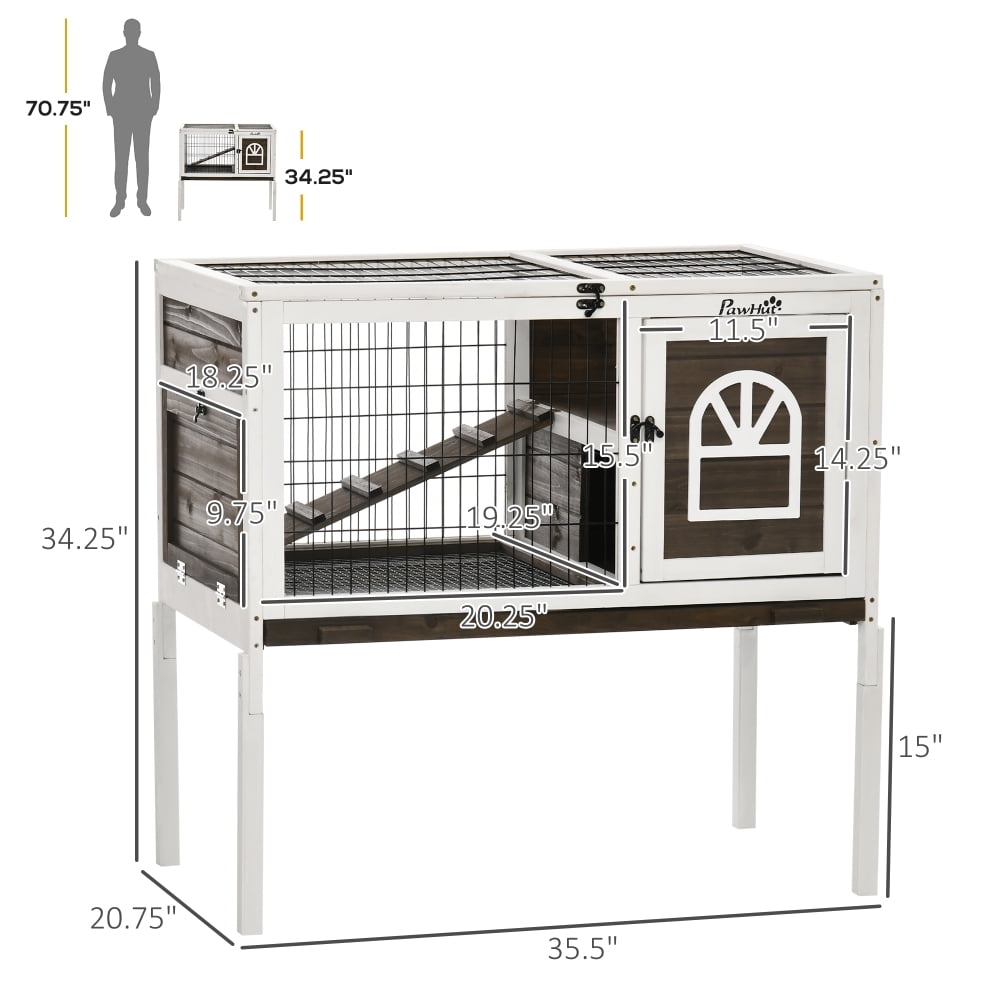 Coffee Wooden Rabbit Hutch with Elevated Guinea Pig Cage & Tray