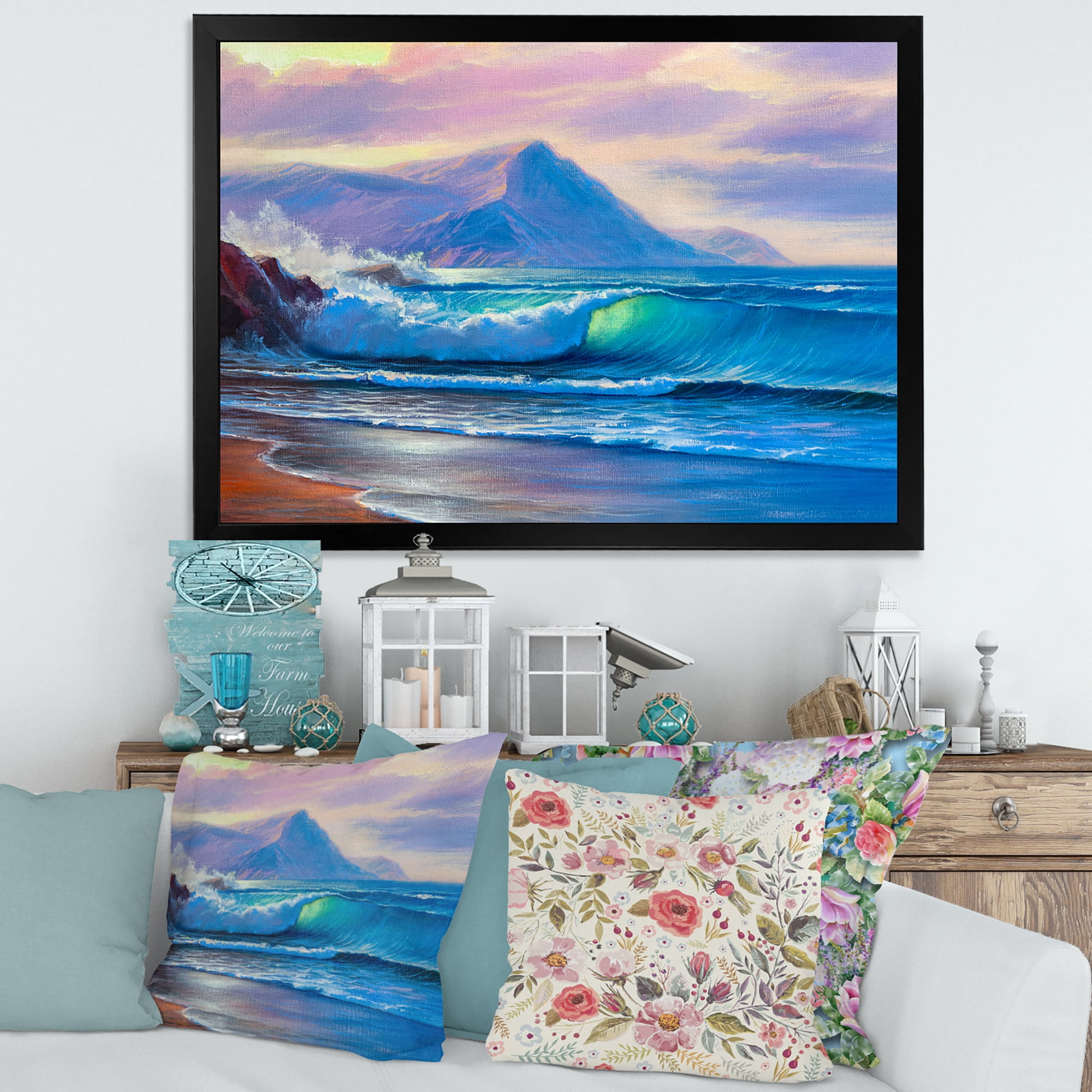 Designart 'Blue Waves Breaking At The Beach Landscape I' Nautical & Coastal Framed Art Print