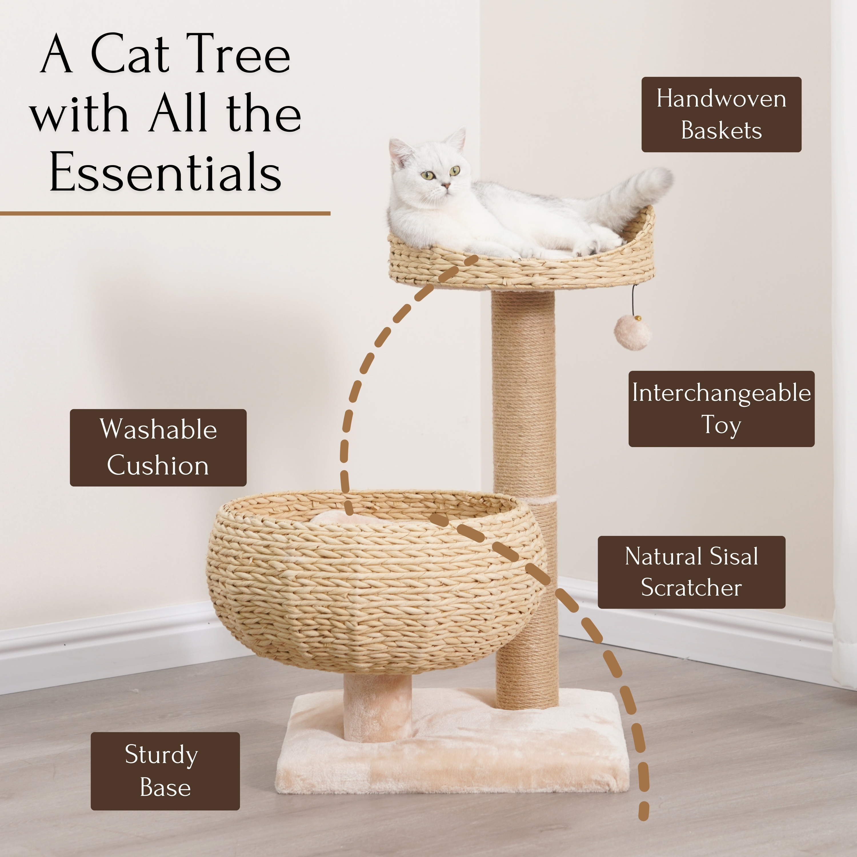 PetPals 29"H 2-Lvl Cat Tree with Handwoven Basket Beds, Sisal Scratching Post, Washable Cushion
