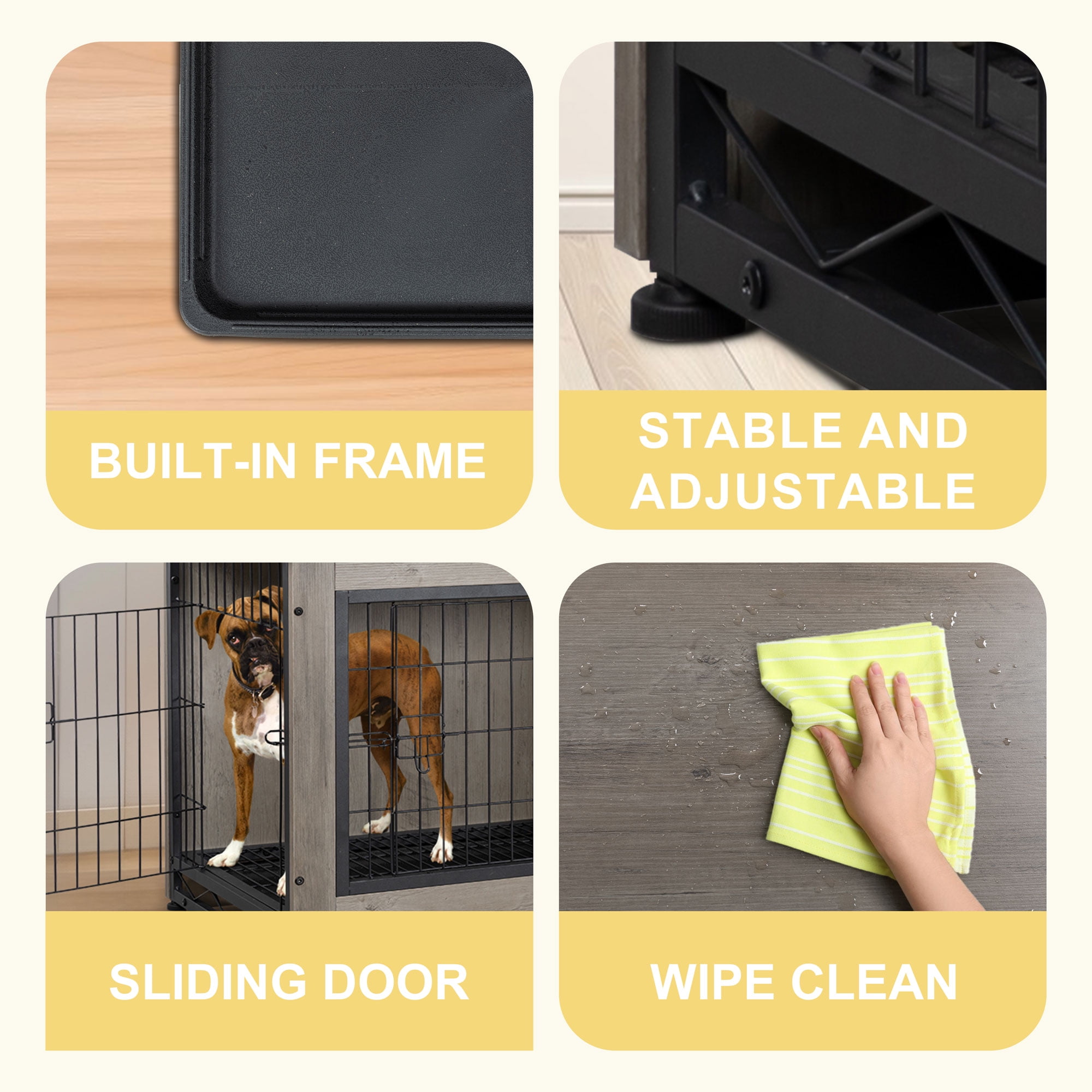 Walsunny Wooden Dog Crate Furniture,Double-Doors Kennel Indoor with Divider and Removable Tray,End Table Dog Crate for Decoration 44.1"L x 29.5"W x 32.3"H，Grey