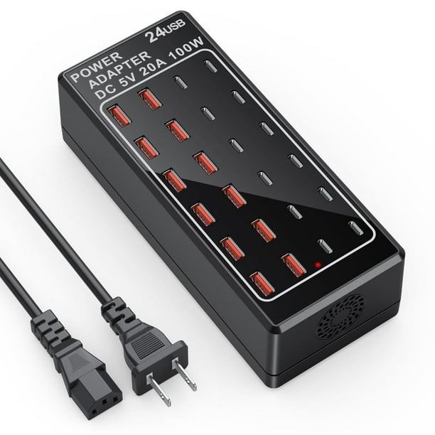 Cargador USB, bloque de cargador USB C, 100 W (20 A), 24 puertos, múltiples USB, cargador de pared,