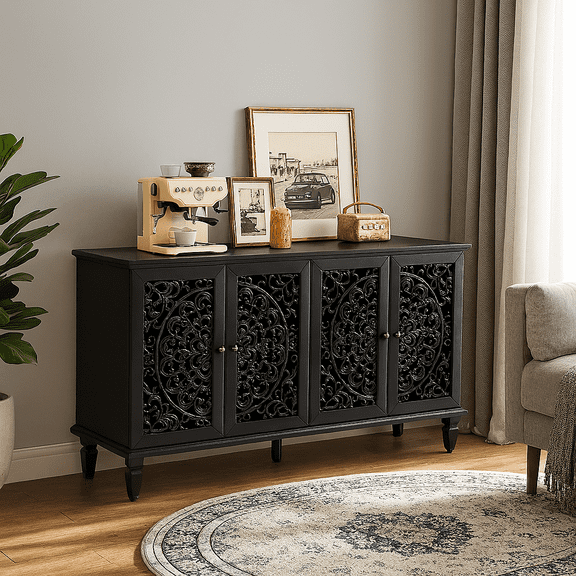 60" Antique Black Storage Buffet Cabinet with Floral Carvings, TV Stand for 65" TVs, Adjustable Shelves, Sideboard Console for Living Room or Dining Room