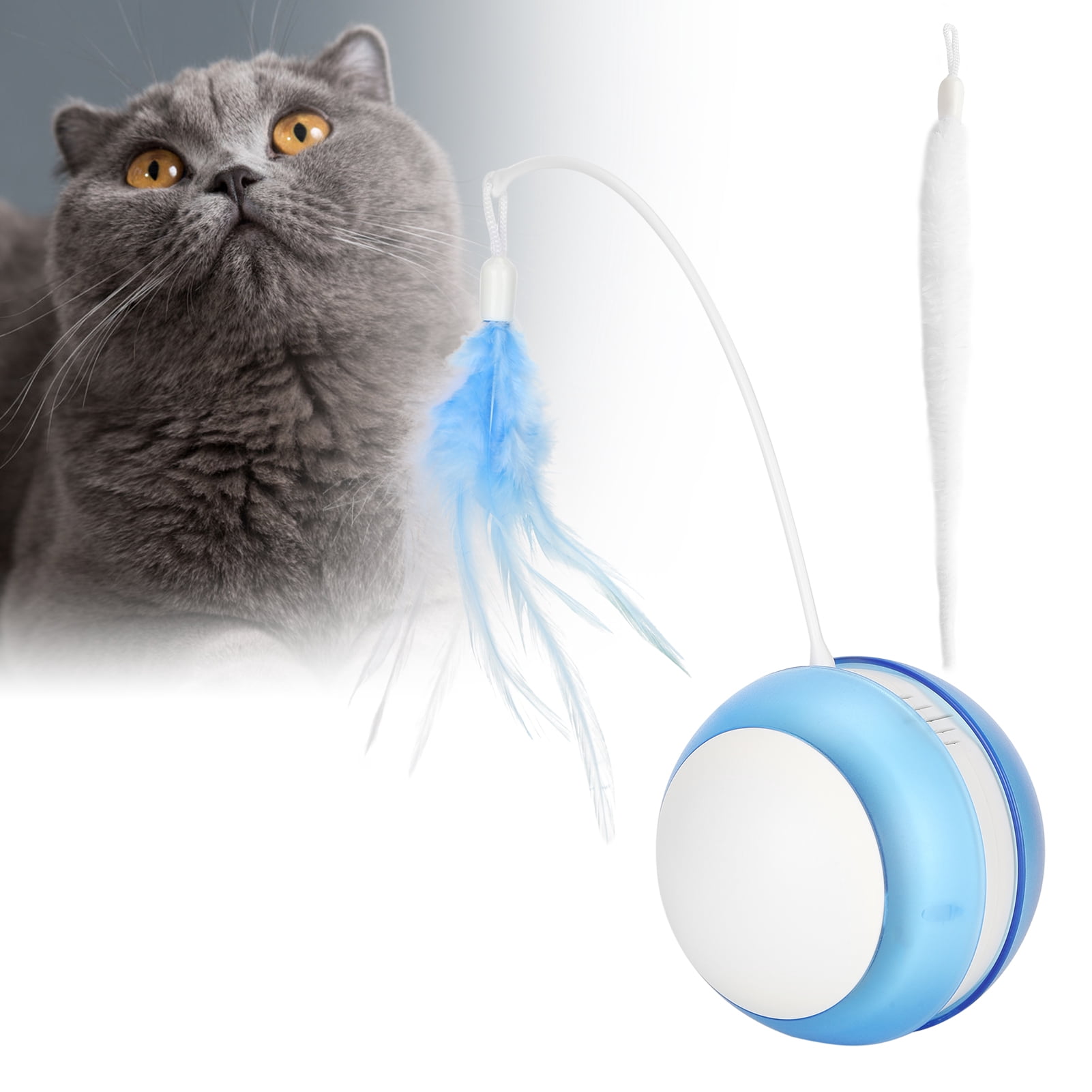 Yajisi Interactive Cat Toys USB Charging LED Tilting Sports Ball Self Rotating Cat Toys Chaser with Feather Fishing Rod Motion Activated Move Cat Ball Toys 11.81 inches / 30 cm