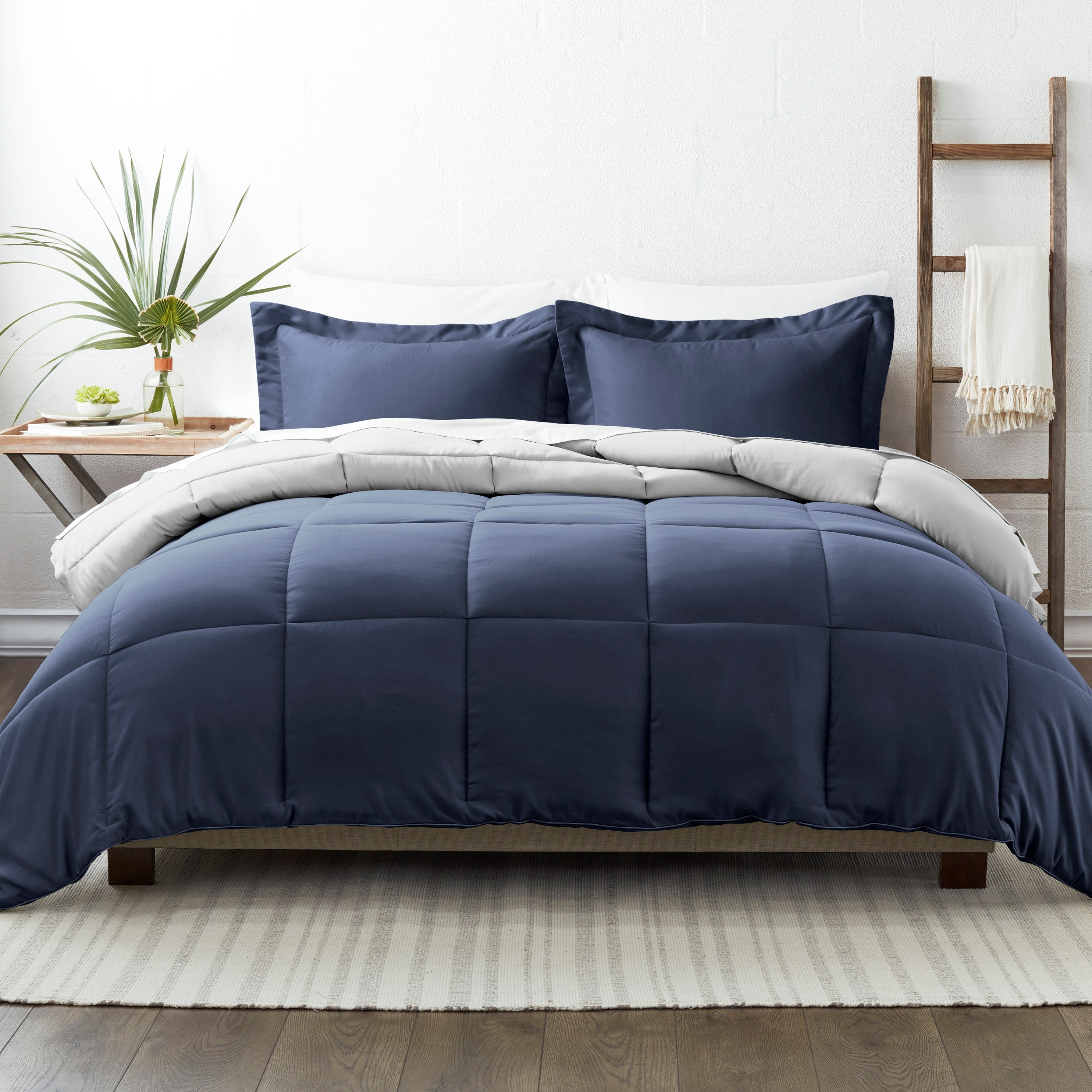Fancy Linen Down Alternative Comforter Set Reversible Blue/Charcoal All Sizes 