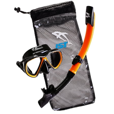 IST Compact Snorkeling Combo Set: Shatterproof Mask, Semi Dry Top Snorkel & Travel Mesh Drawstring Bag (Black Silicone/Orange,