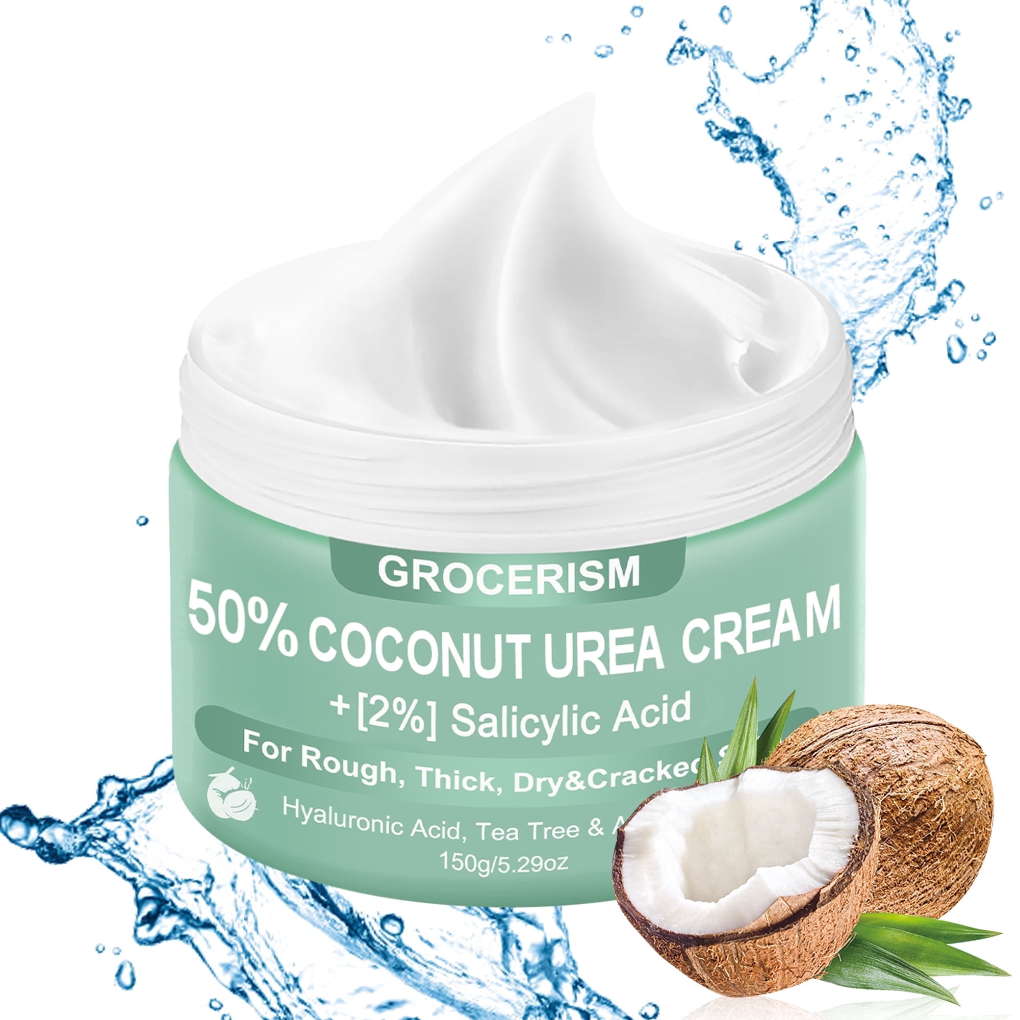 Grocerism 50% Urea Cream with 2% Salicylic Acid, Maximum Strength Foot & Hand Repair for Rough, Cracked Skin, Non-Greasy Coconut Formula, 5.29 oz