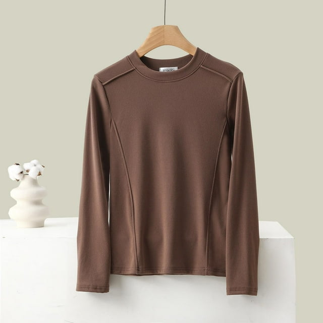 Fankiway Chemises à Manches Longues pour Femmes, sous-Vêtement Thermique en Polaire Colorée à Col Rond, Café L