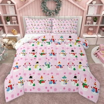 Feelyou Chistmas Snowman Child Full Size Comforter Sets, Kawaii Snow Snowflake Bedding Comforter Set, Pink Cartoon Theme Reversible Bedding Sets, Lightweight Room Decor, 3 Pieces