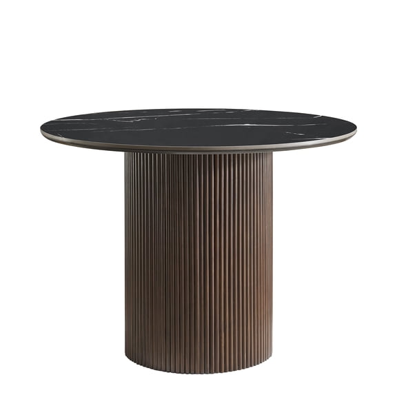 Morden Fort Round Dining Table with Sintered Stone Tabletop and Wood Strip Base, 41.7" Kitchen Round Modern Dining Table for 2-4, Black