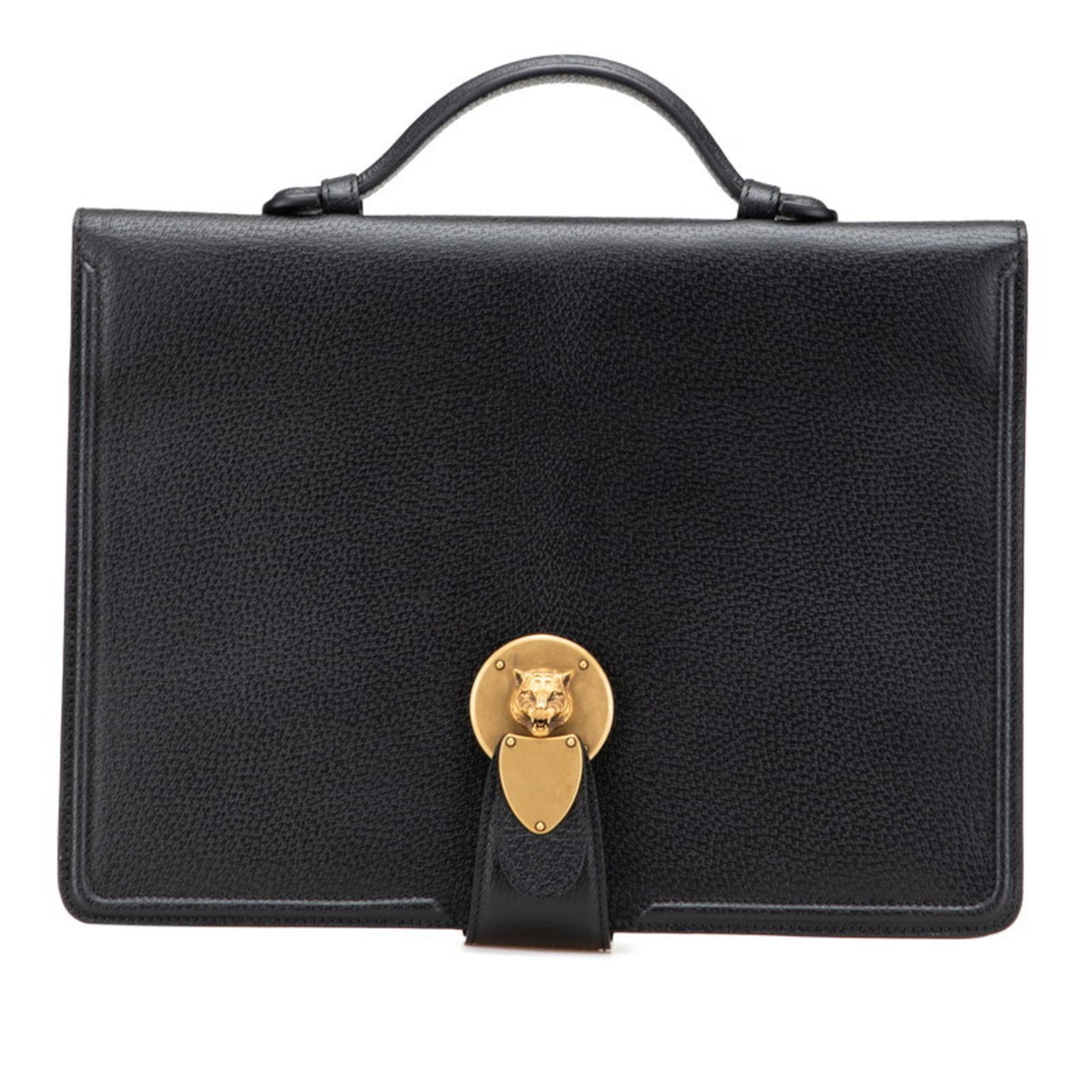 Pre-Owned Gucci Cat Head Briefcase Clutch Bag 495655 Black Leather Men's GUCCI (Good)