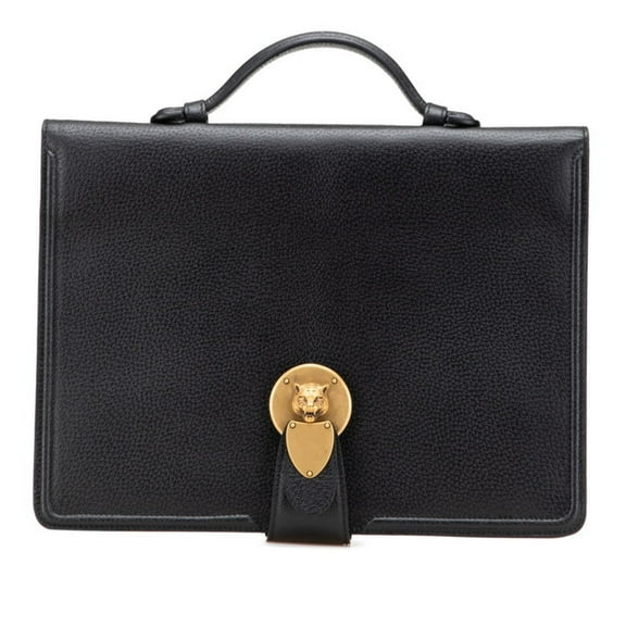 Pre-Owned Gucci Cat Head Briefcase Clutch Bag 495655 Black Leather Men's GUCCI (Good)