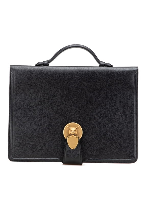 Pre-Owned Gucci Cat Head Briefcase Clutch Bag 495655 Black Leather Men's GUCCI (Good)