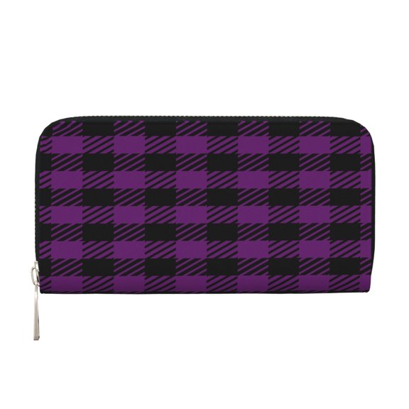 Leather Zipper Pocket Hand Wallet For Women And Men Travel Leather Purse Large Capacity Credit Card Holder Purpleblack Gingham Plaid