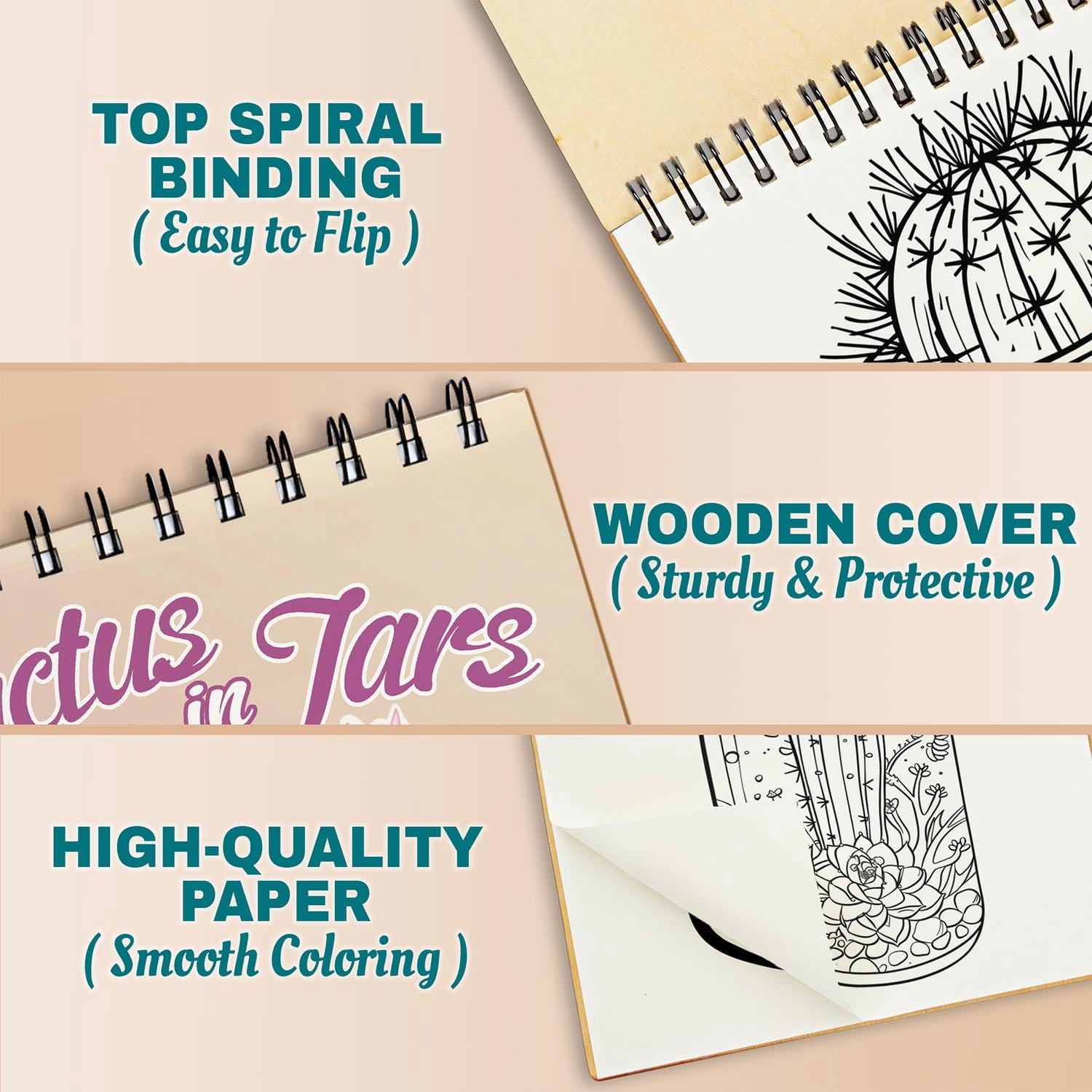 Netecom Cactus in Jars Coloring Book Spiral Bound for Adults, A5 Wooden Cover, 30 Beautiful Coloring Pages of Succulent Plants in Jar for Stress Relief and Relaxation