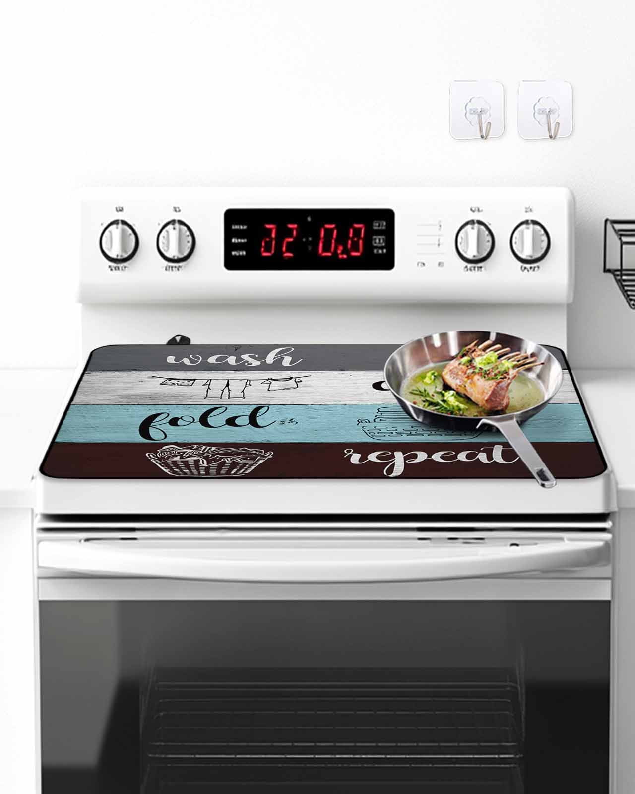 Stove Top Covers for Electric Stove, Laundry Room Glass Stovetop Cover Protector, Wash Dry Fold Repeat Splicing Colorful Wood Induction Cooktop Protector Oven Mat for Kitchen Countertop 24"x21"