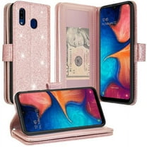 For Samsung Galaxy A01 Case Leather Flip Pouch Holster Wallet Case Cover Folio [Kickstand] Cute Girls Women Phone Case - Glitter Rose Gold