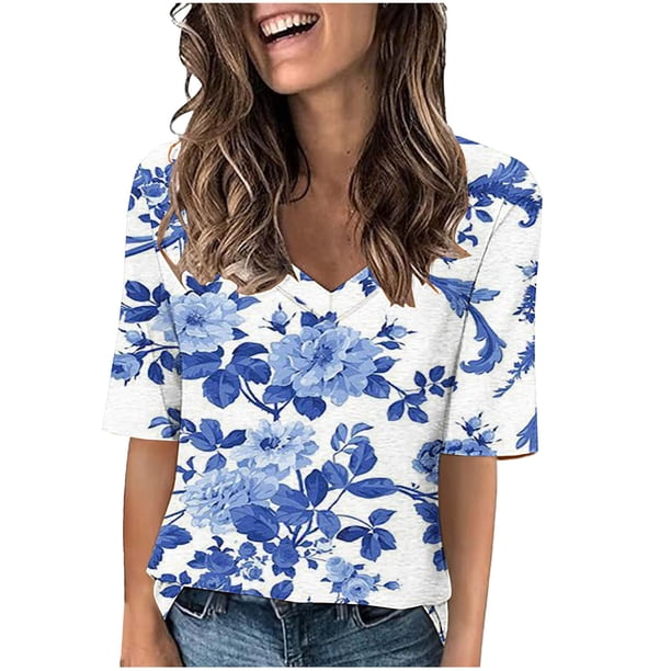 Camisetas de Manga Corta con Cuello en V Impresas, Camisetas Ligeras Y Elegantes con Cuello en V de las Mujeres