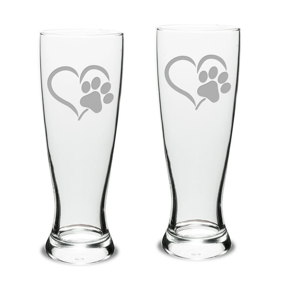 Paw Print Heart Deep Etched University Beer Pilsner Glass Set of 2