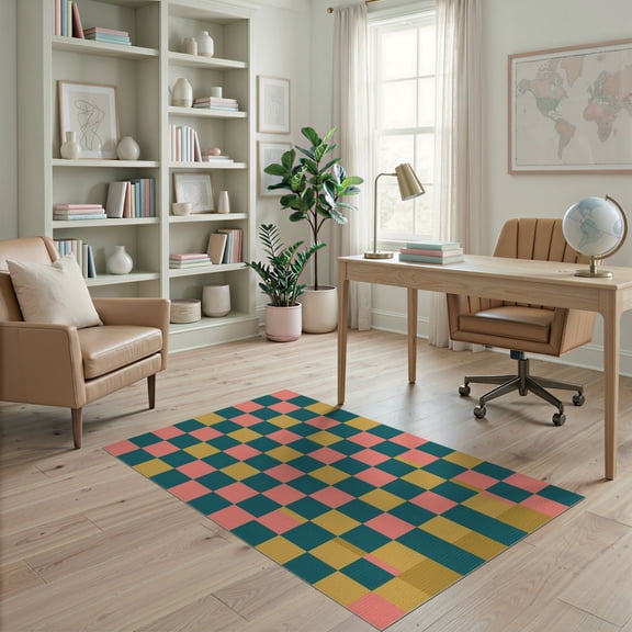 ODIKA Bedside Checkered Block Retro Hopscotch Storybook Grid Motif Non-Slip Chair-Friendly for Home Office, Gaming Room, Under Desk