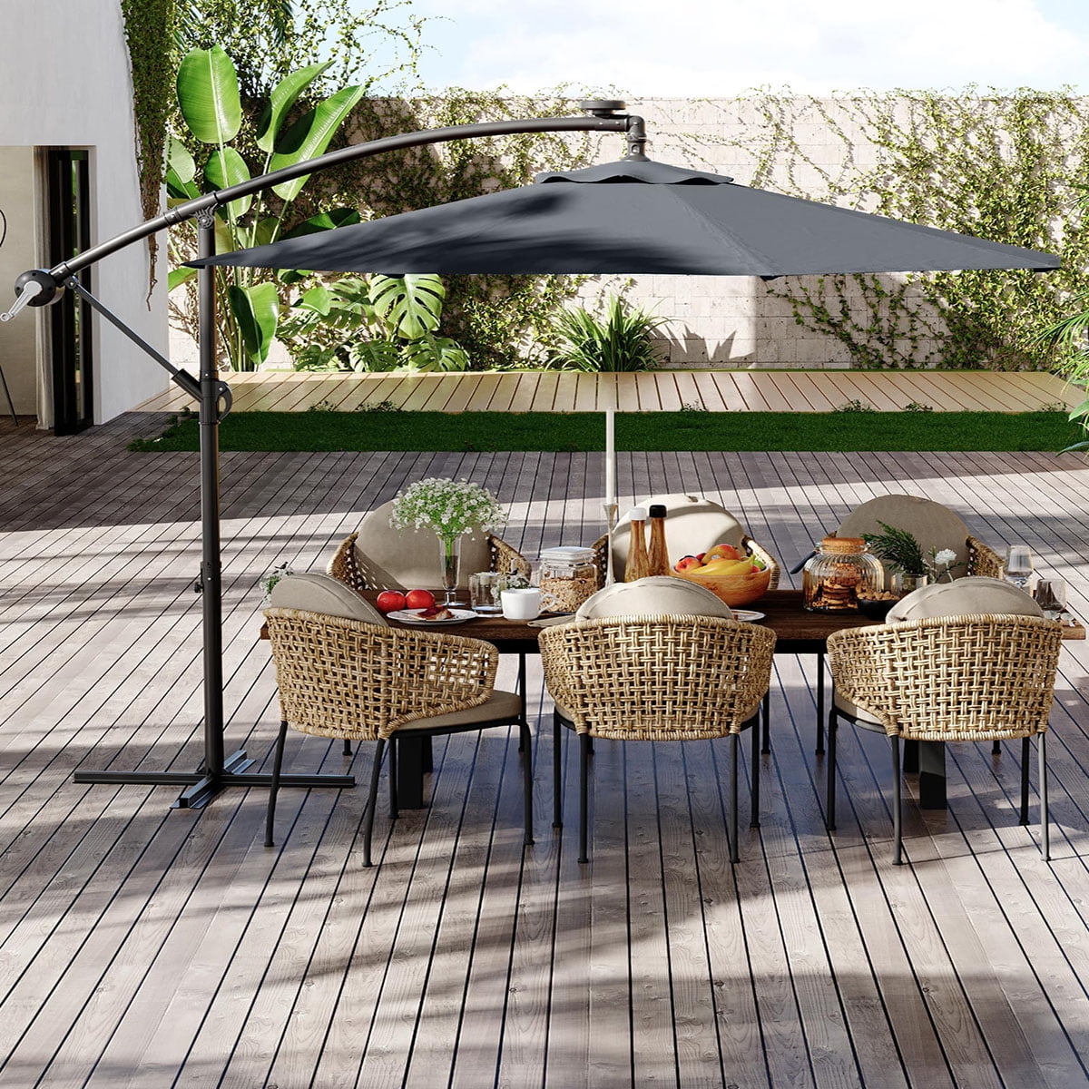 Danolapsi 10FT Offset Patio Umbrella, Hanging Cantilever Umbrella with 360 Rotating Base Outdoor Sun Shade with Easy Tilt Adjustment, 8 Ribs, UV Protection for Backyard, Lawn, Garden and Pool