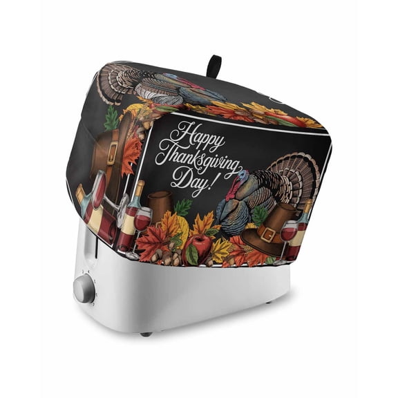 Thanksgiving Turkey Toaster Cover 2 Slice, Small Kitchen Appliance Covers, Fall Maple Leaf Black Toaster Oven Cover with Loop, Bread Machine Cover Polyester Dust Cover Protection