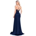 thumbnail image 2 of Lucyinlove-Vestido largo azul marino para mujer, prenda de satén suave de lujo con cuello en V y abertura, vestido de noche con cinta para dama de honor, 2 of 5
